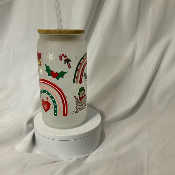 $15 SALE 16 Oz Handmade Frosted Glass Can Cup w/Lid & Straw, Retro Christmas - Picture 6 of 7